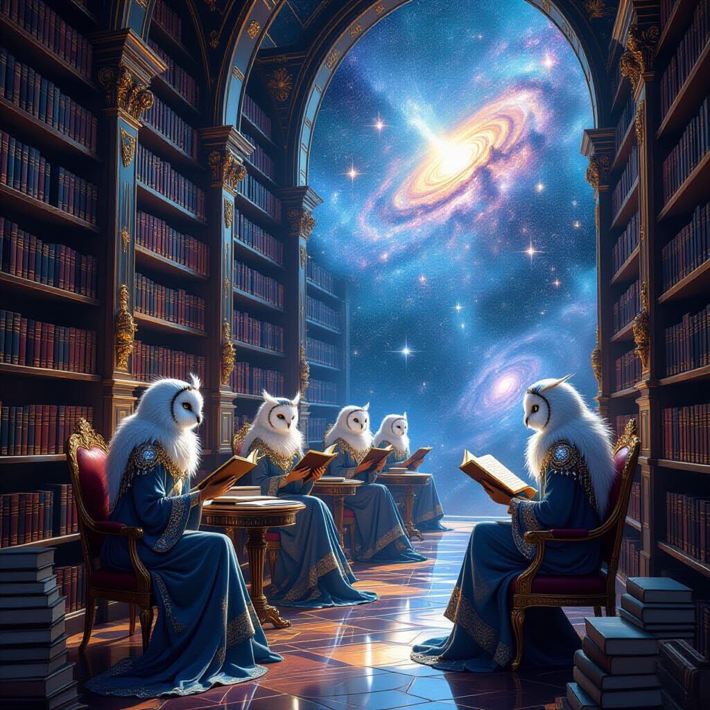 Celestial Library in Cosmos with Ethereal Owl Librarians