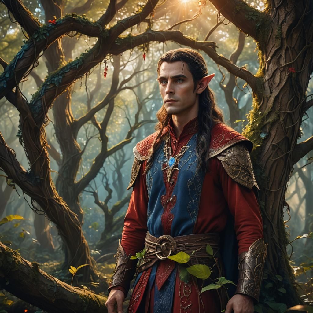 young male elf with dark brown really long hair and blue eye...