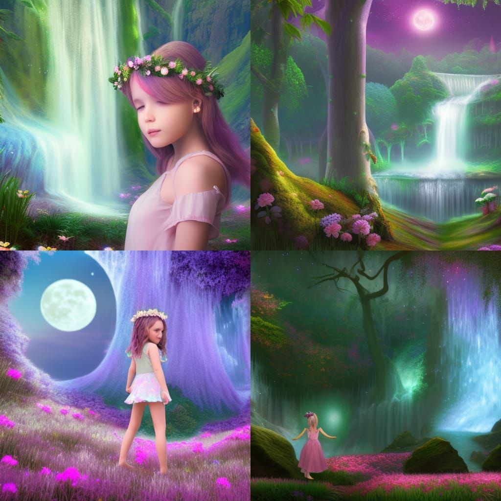 Pastel Moonlit Forest with Girl in Flower Crown