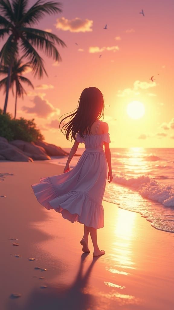 Girl on Beach at Sunset in 3D Anime Style