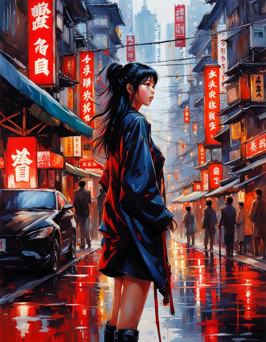 Beautiful Japanese Girl in Tokyo Street, Splash Art