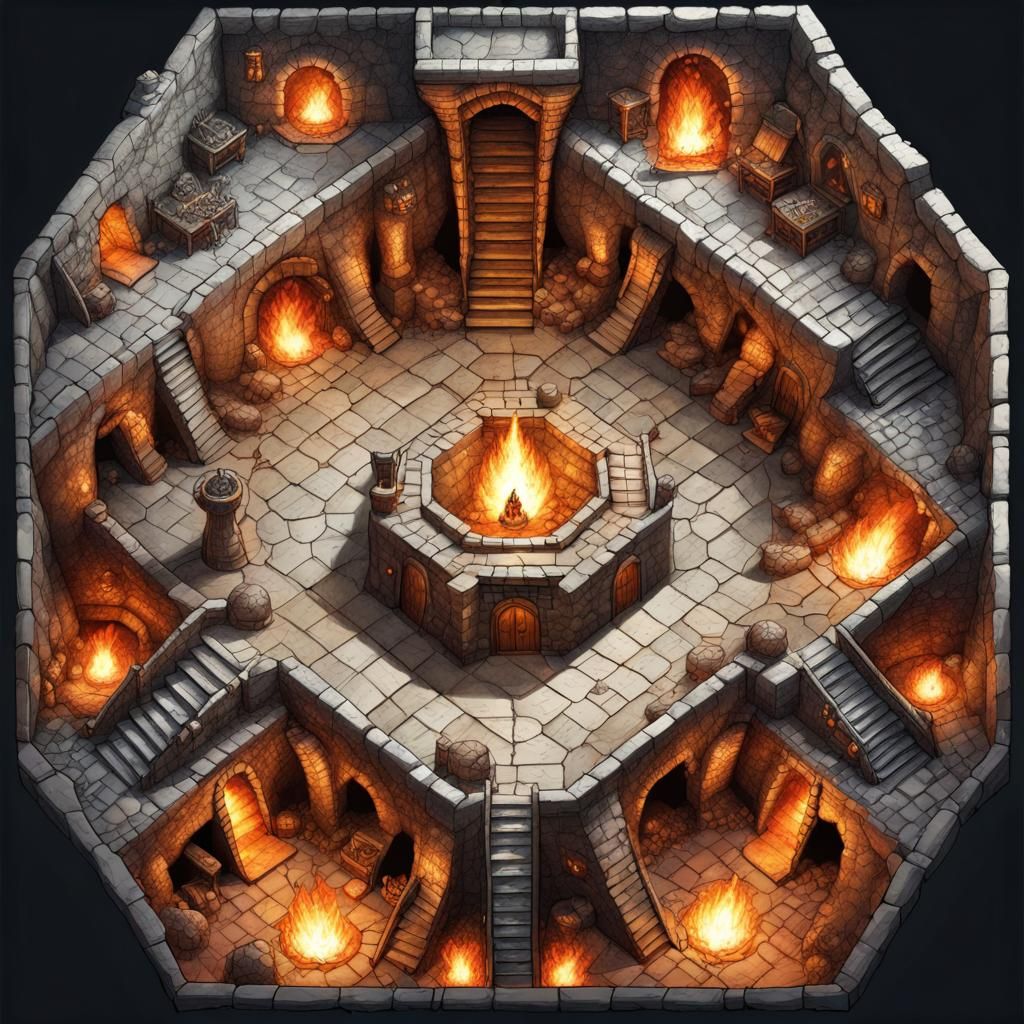 "top down battle-map drawing of a multilevel dragon lair"