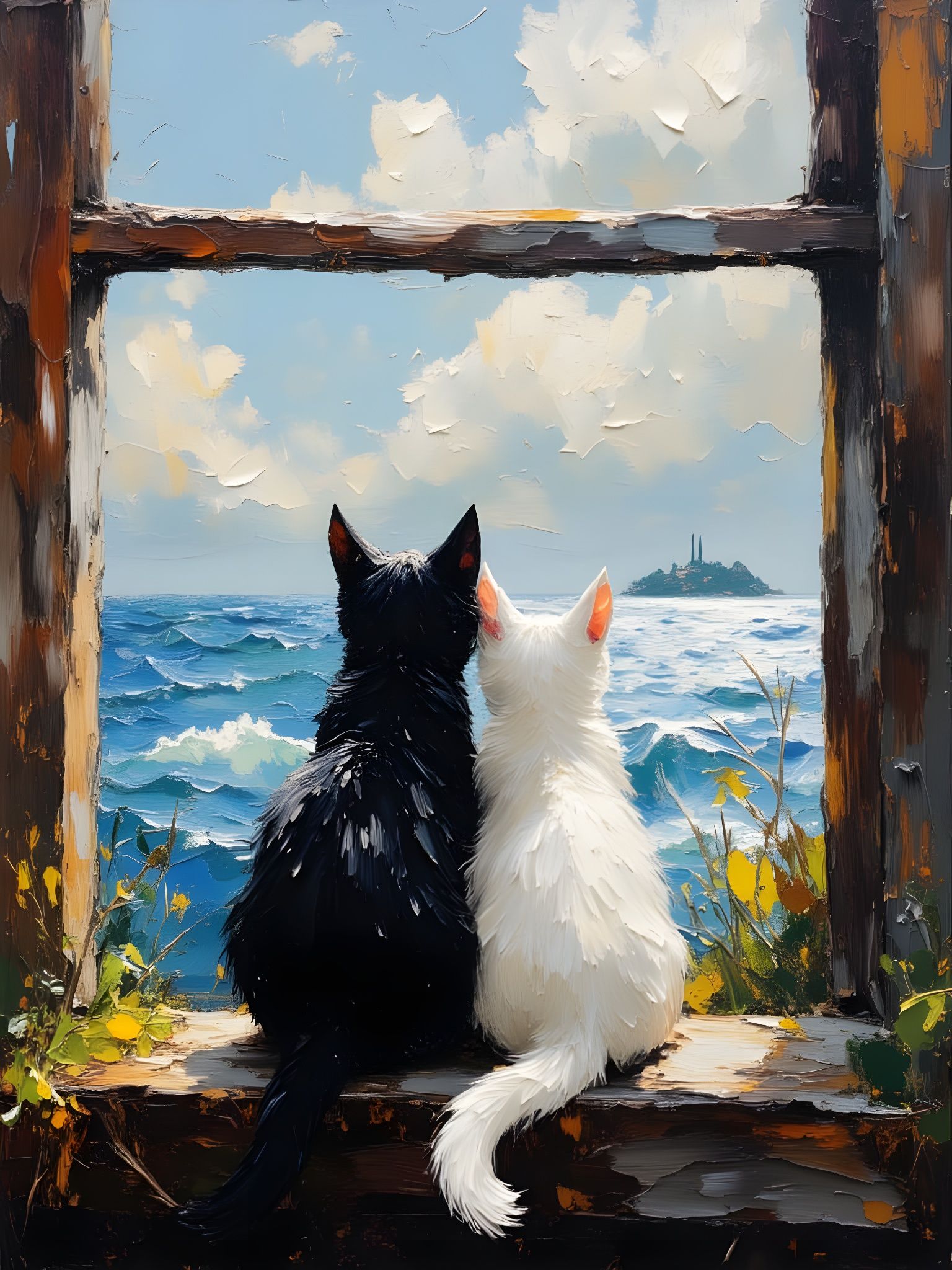 Cats Gazing at Ocean, Impasto Oil Painting