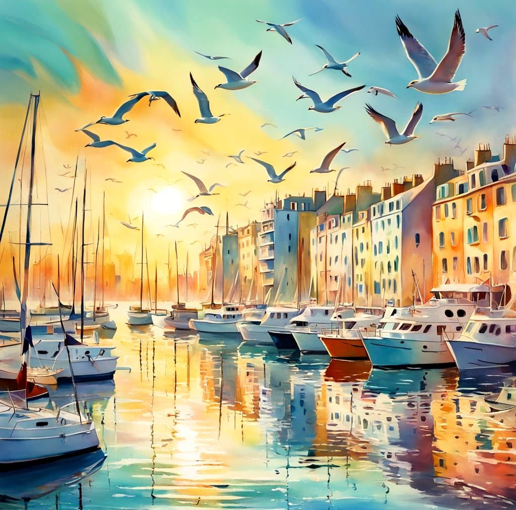 Pastel Harbor Scene in Dadaism Style