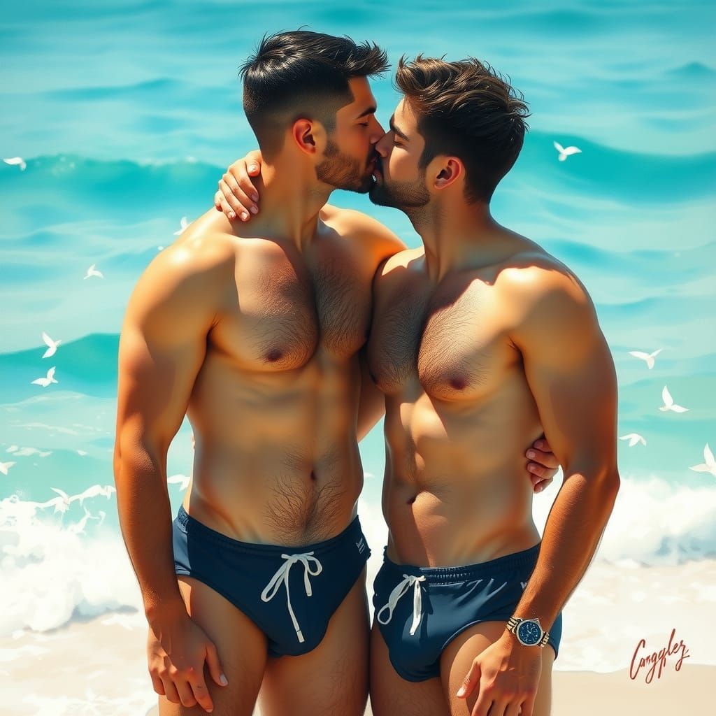 Men Kissing on Beach in Watercolor Style