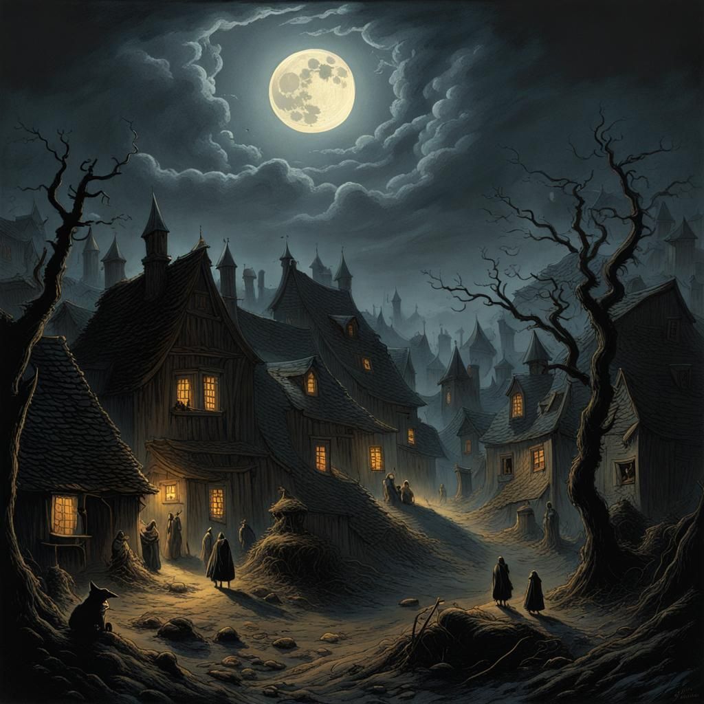 Haunted Village Under Lunar Eclipse in Horror Style
