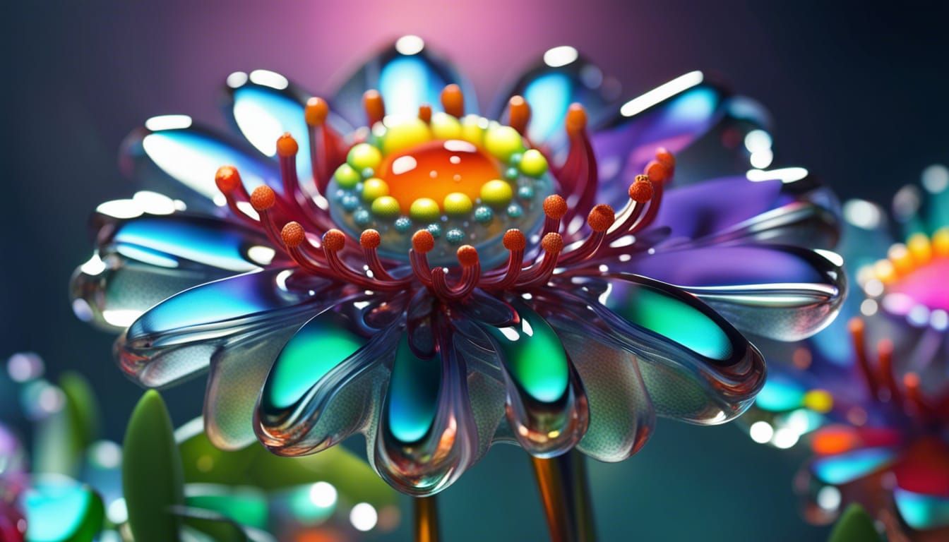 Hyperrealistic Alien Glass Flowers on Distant Planet