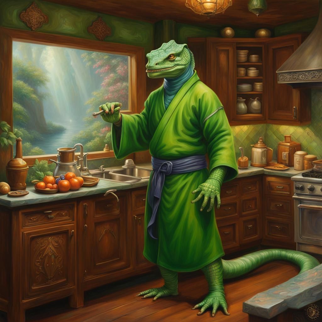 Green Lizardfolk Monk Chef in Kitchen