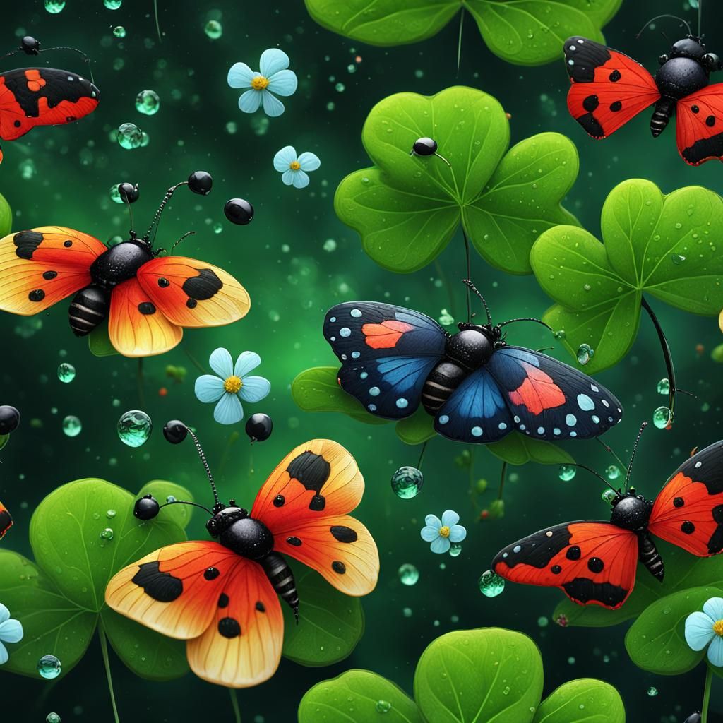 Lush Clover Field with Ladybug and Butterflies