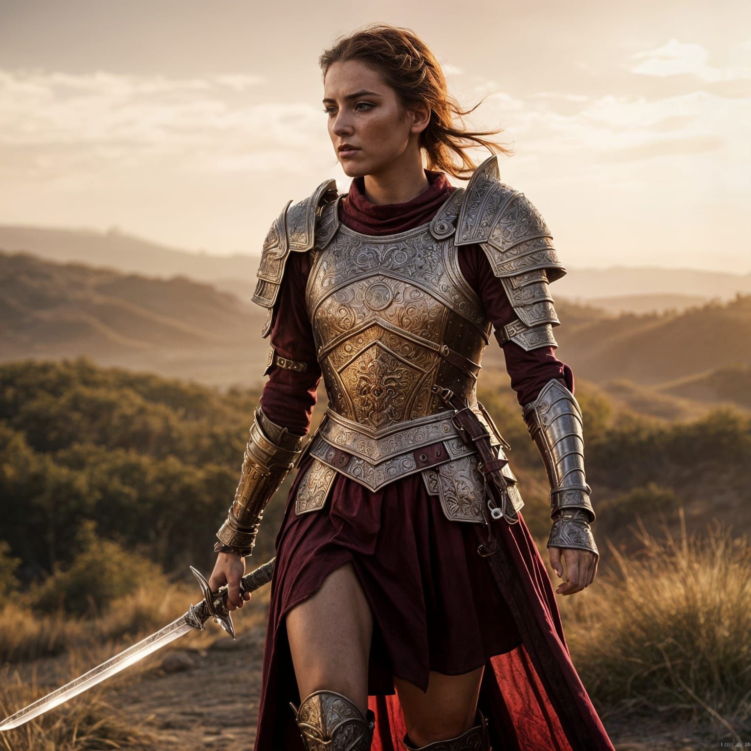 Hyperrealistic Warrior Queen in Burgundy Armor