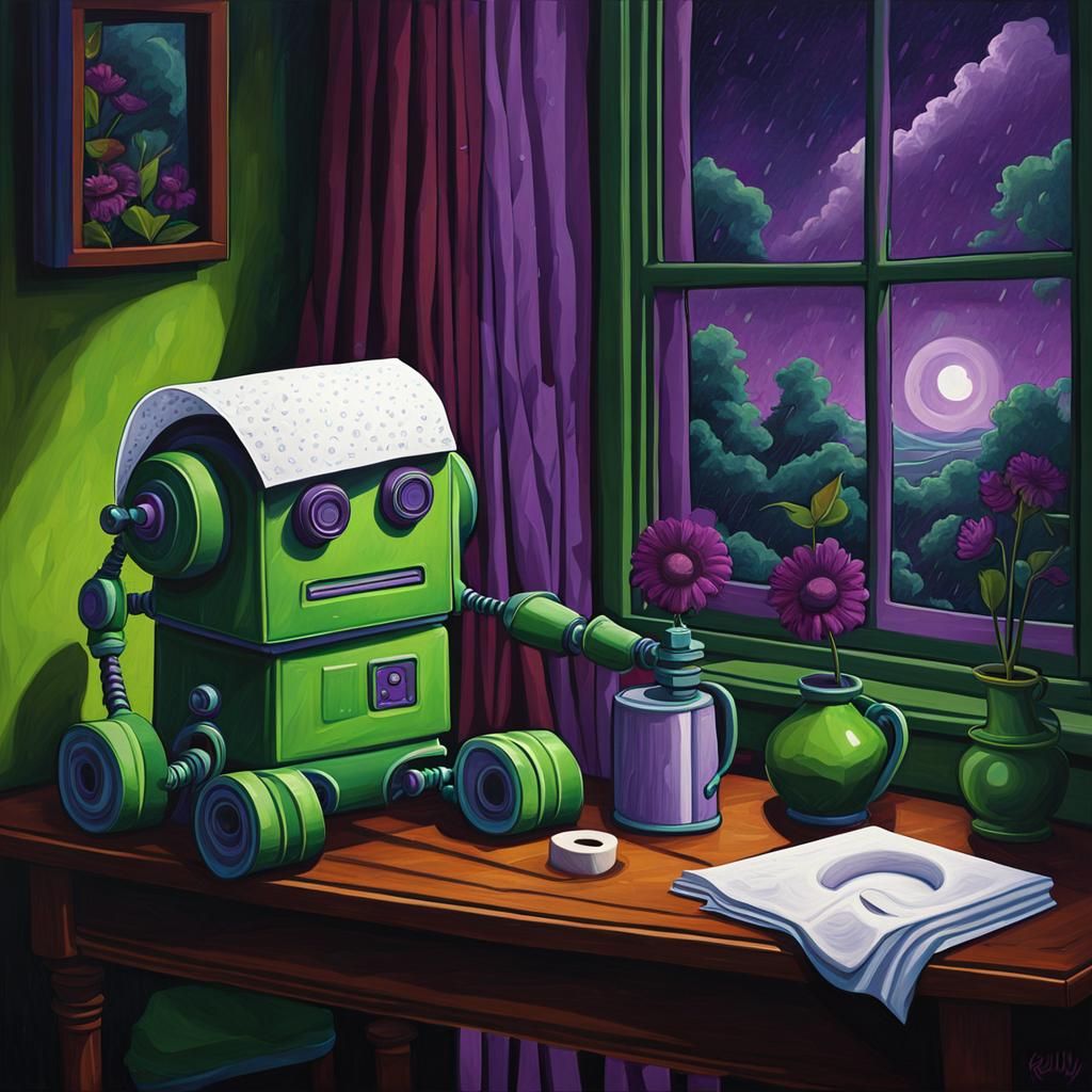 Robot Still Life in Oil Paint Style
