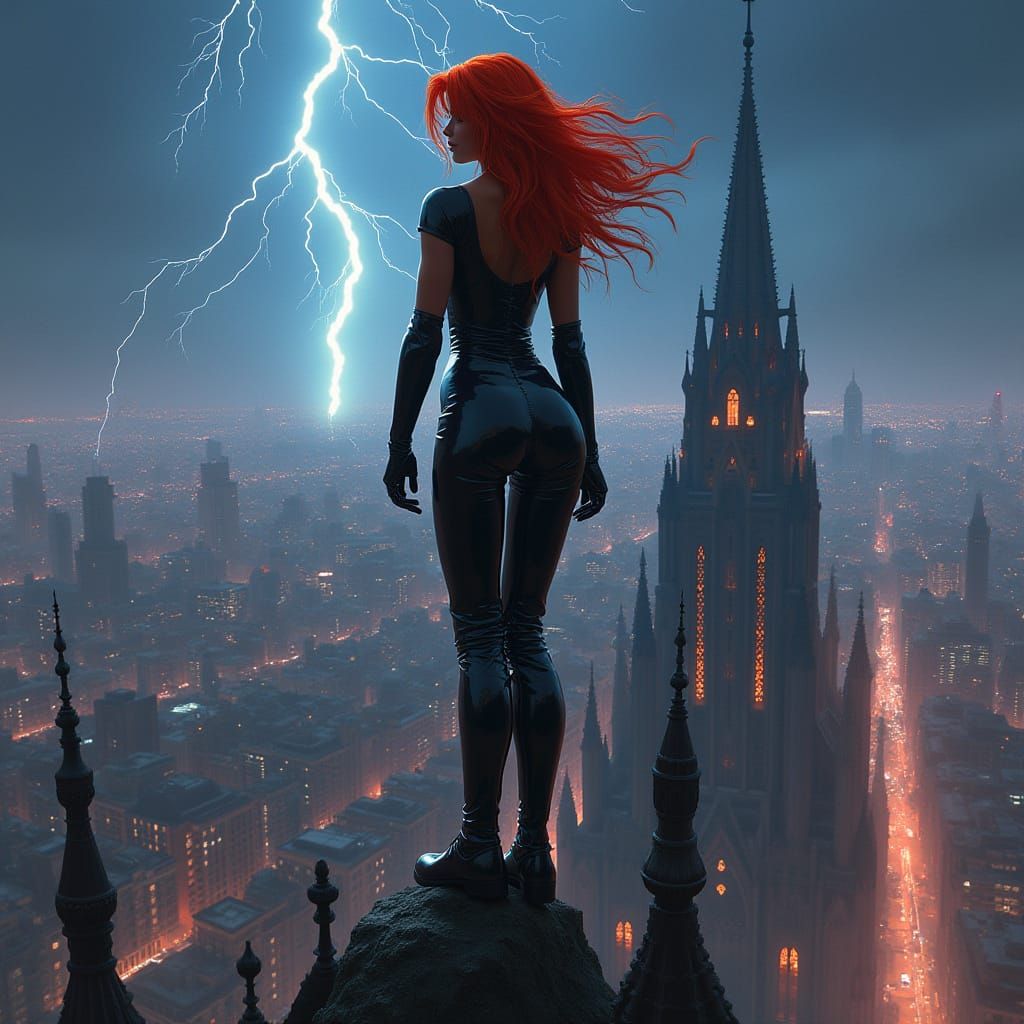 Gothic Woman in Latex with Neon Cityscape, Frank Miller Styl...