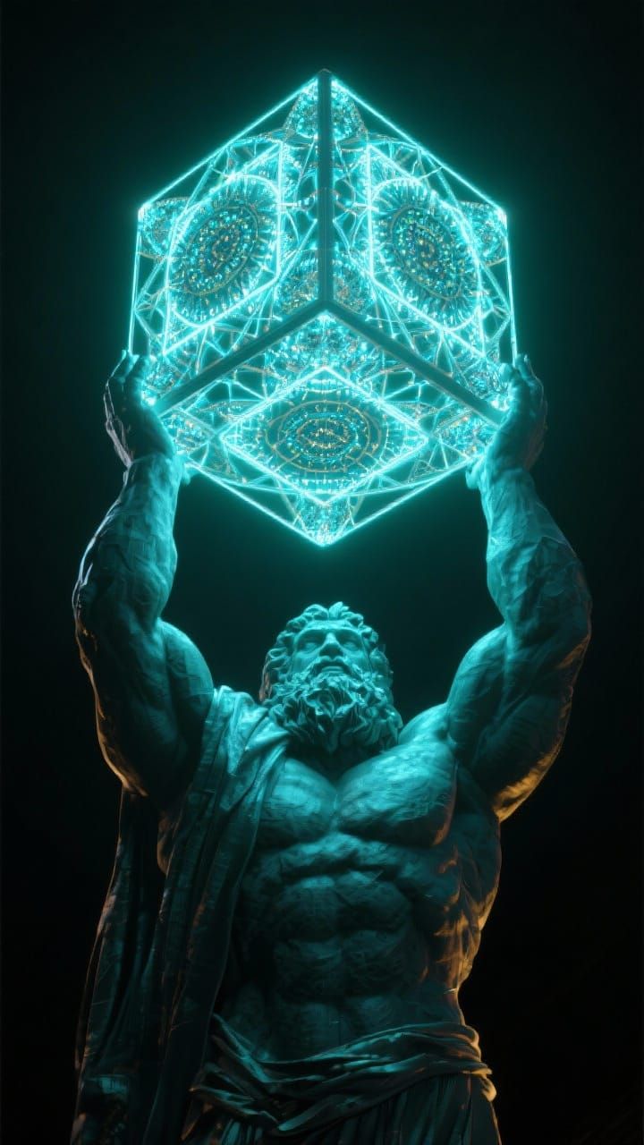 Atlas Holding Sacred Geometry Cube in 3D Style