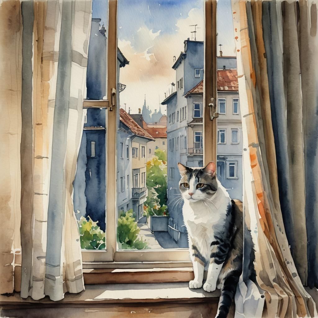 Watercolor Cat Contemplates Cityscape Outside Window