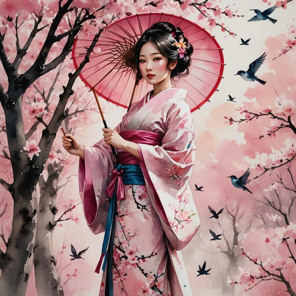 Japanese Girl with Parasol in Ink Painting Style