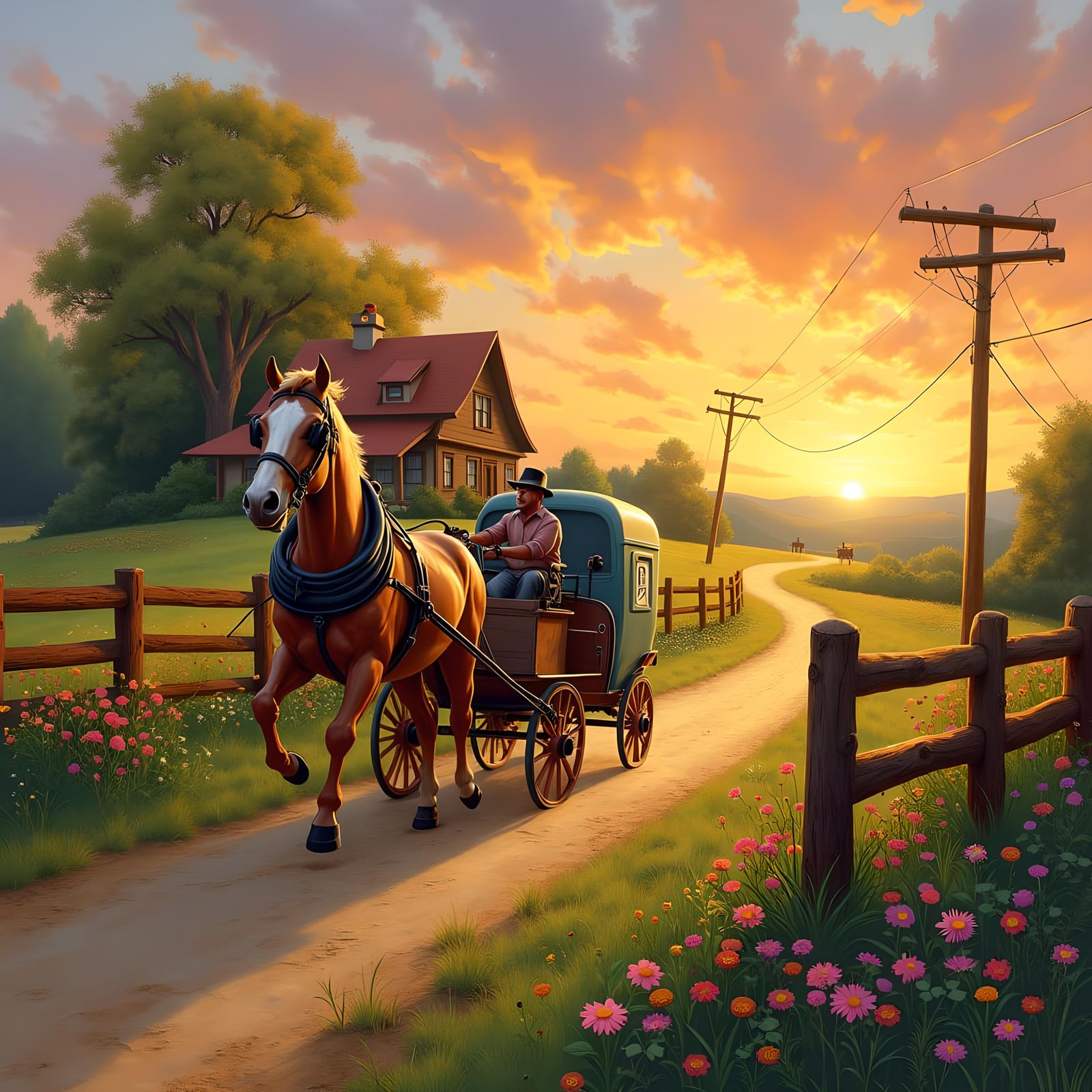 Sunset Delivery: Horse-Drawn Sled on Rural Road