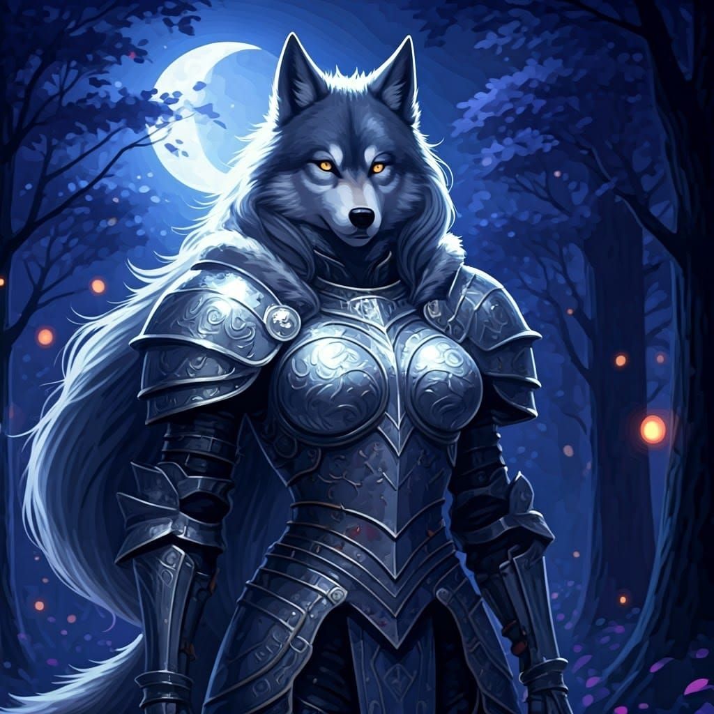 Ethereal Silver She-Wolf Warrior in Moonlit Forest