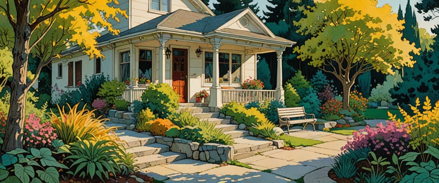 Mid-Century Modern Home in Comic Book Watercolor Style