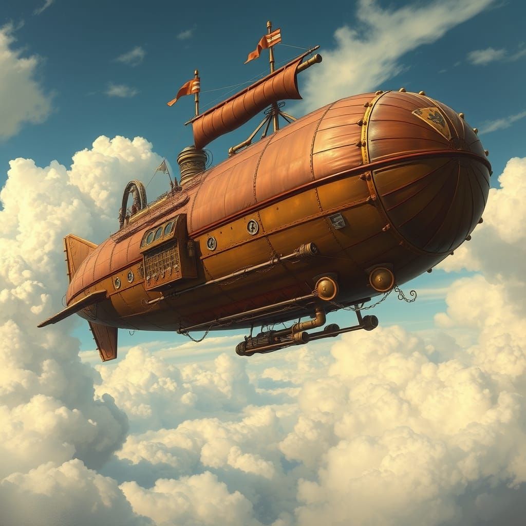 Vintage Steampunk Airship Soars Through Cloudy Skies