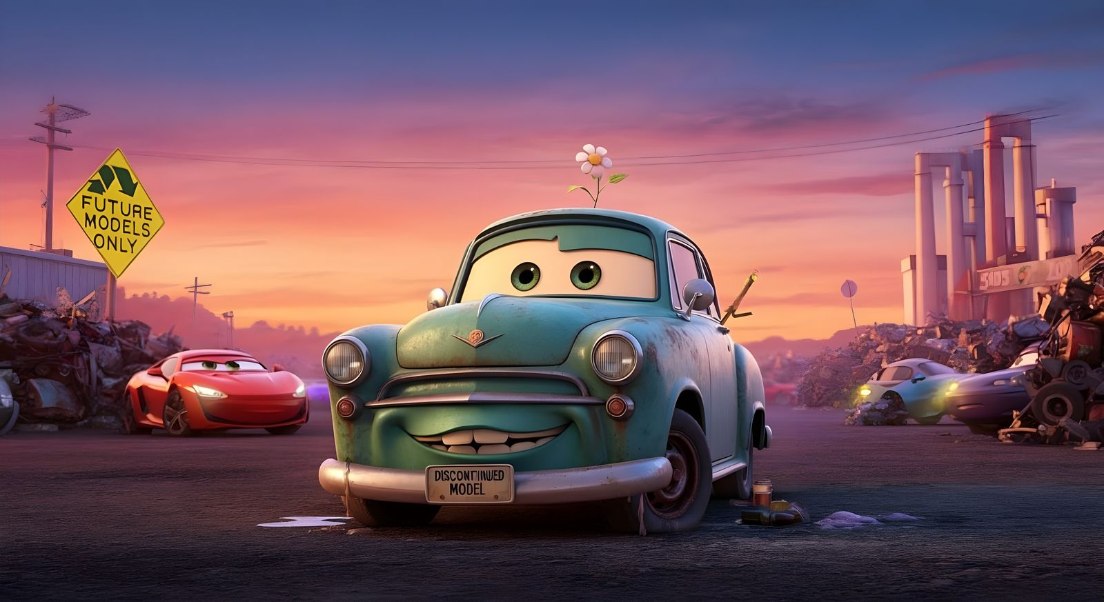 Pixar-Style Car in Junkyard with Sunset