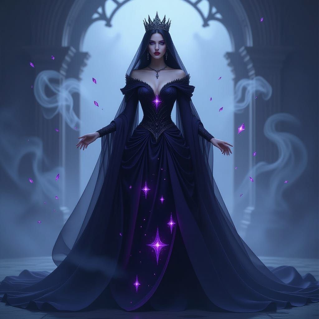 Secretive Queen in Shadow Mist with Glowing Symbols