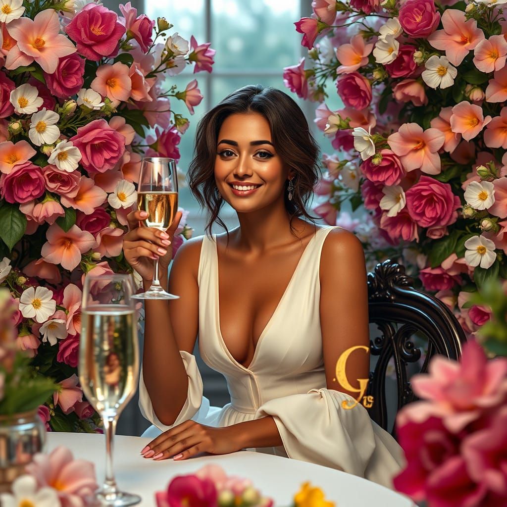 Elegant Italian Woman Surrounded by Floral Tapestry in Luxur...