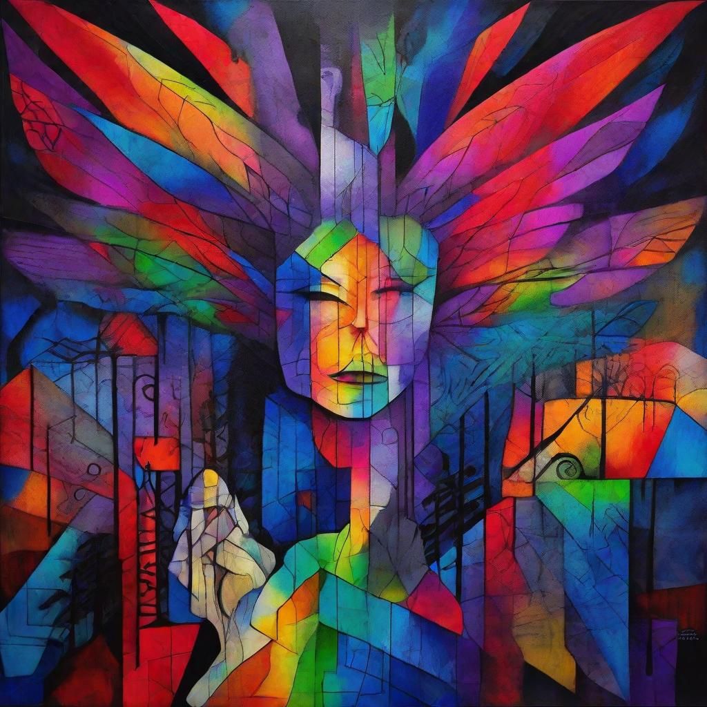 Rainbow Fairy Scribes Dream Words in Cubist Style