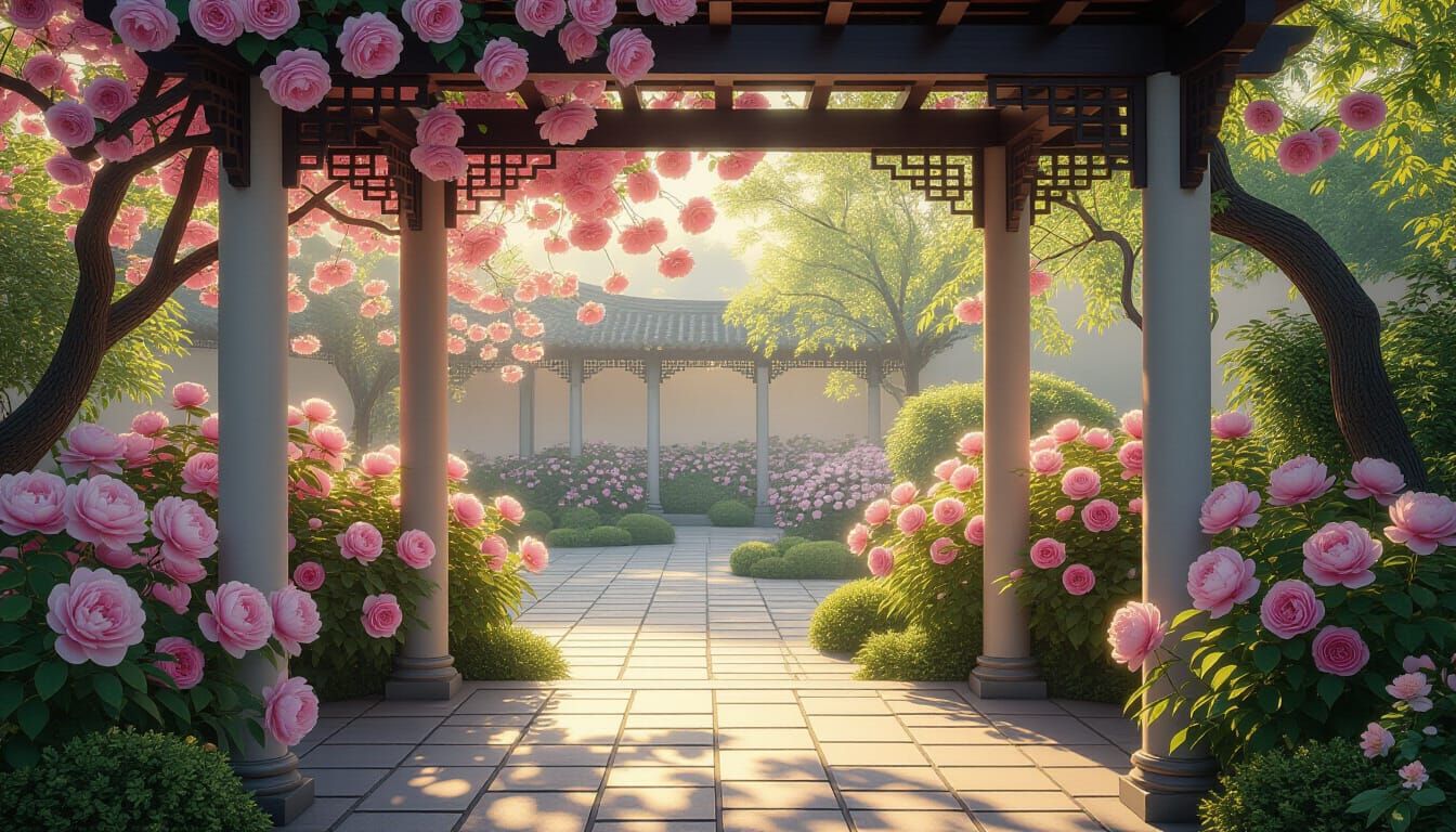 Serene Peony Garden in Exquisite Oil Painting Style