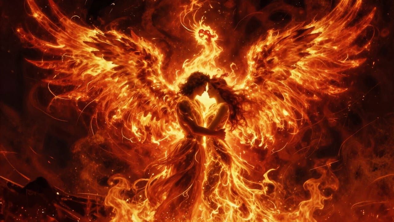 Couple Rising from Ashes with Fiery Phoenix Wings