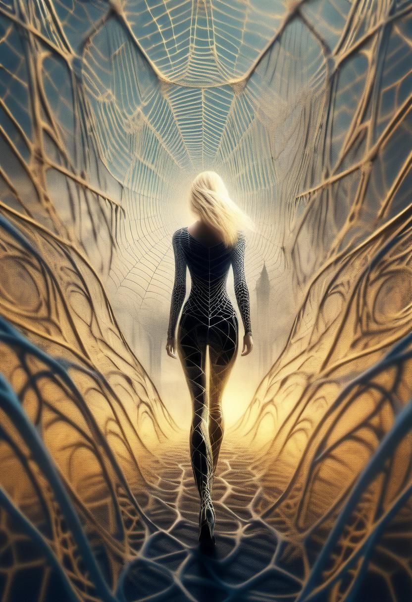 spider girl walks through a giant spider web