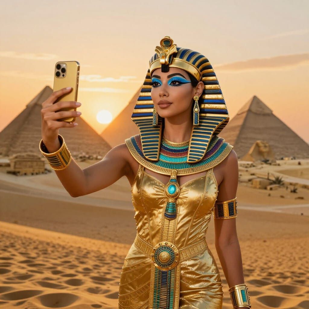 Modern Pharaoh Queen Takes Selfie in Golden Desert Sunset