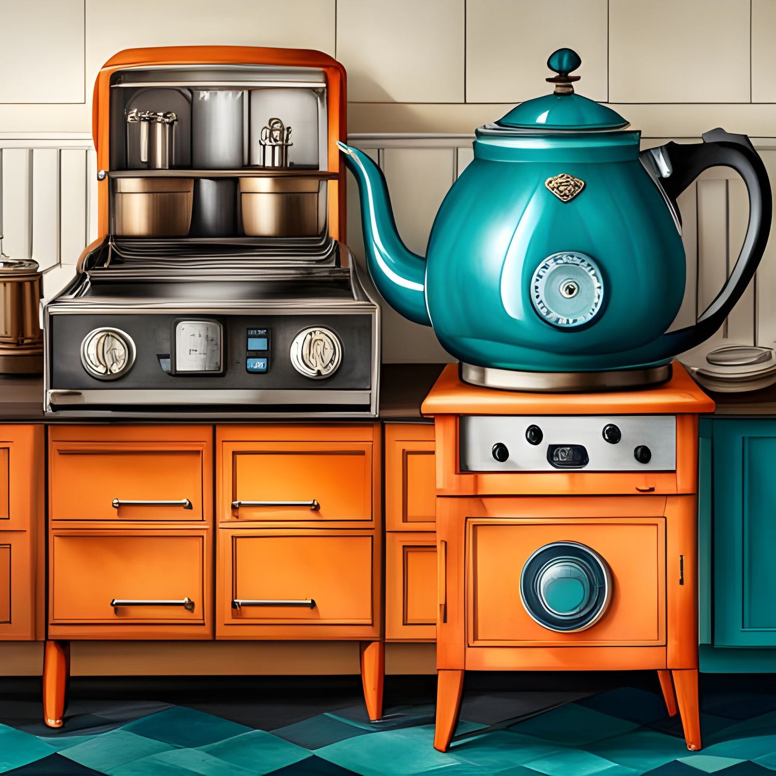 Household Items: Hoosier with Retro Vintage Coffee Machine and Tea Kettle