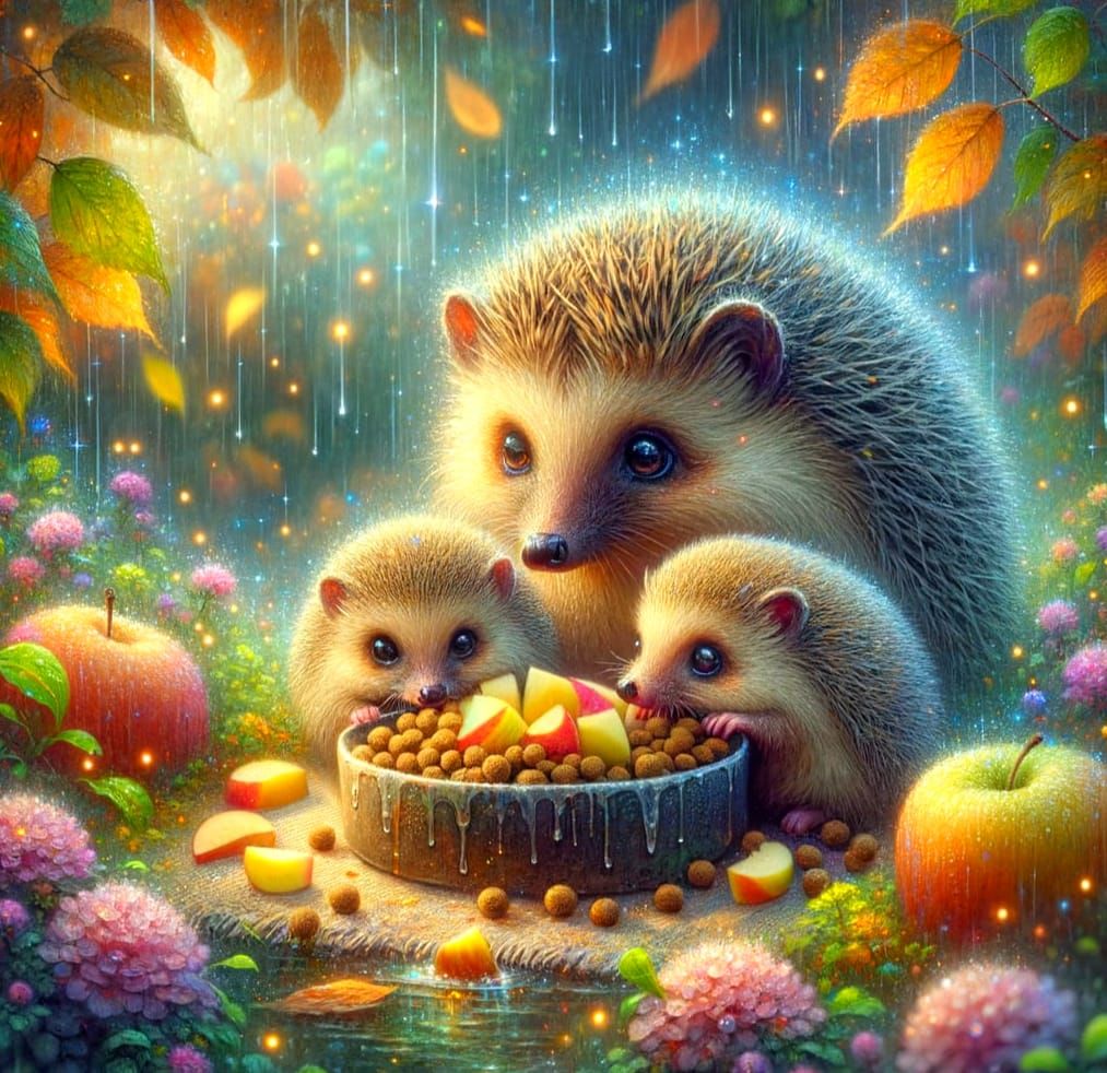 Cute Hedgehog Family Dines in Rainy Garden