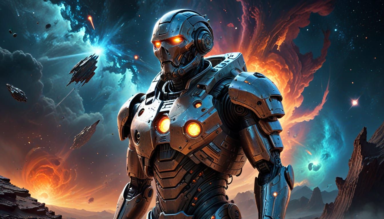 Cyborg Gazing at Nebula in Sci-Fi Style