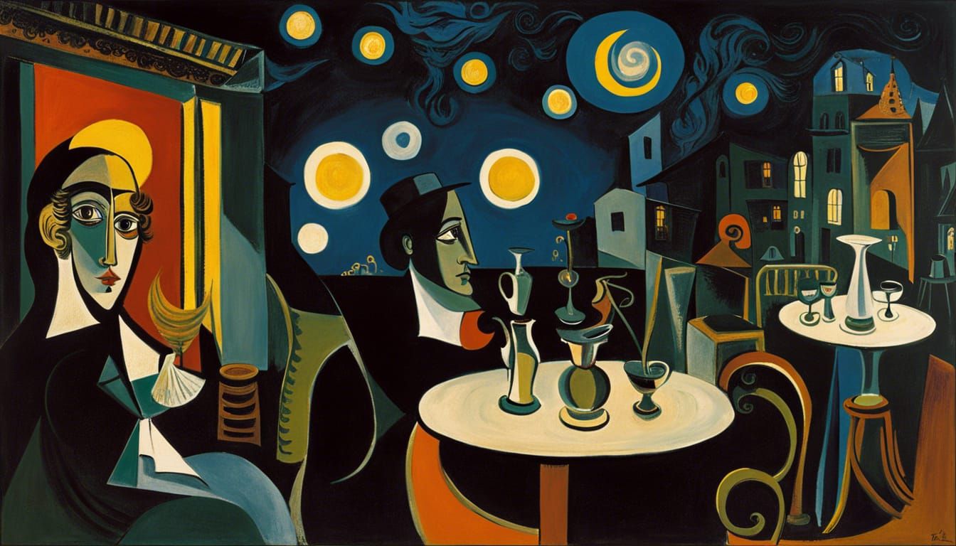 Cubist Night Cafe Under Starry Sky