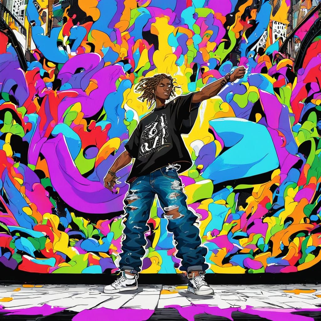 Young Black Man in Anime-Inspired Streetwear Scene