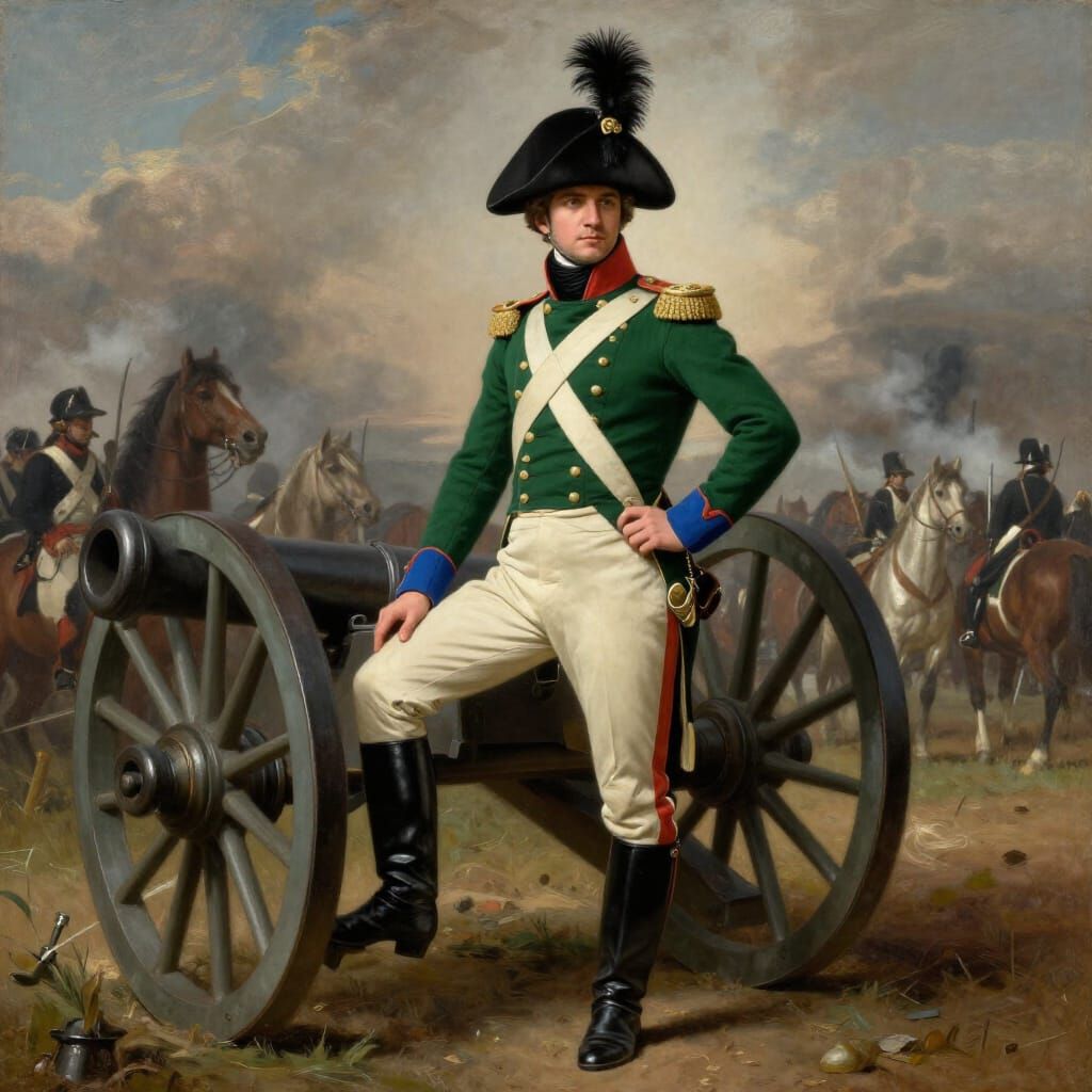 British Dragoon Colonel Poses on Cannon in Oil Painting Styl...