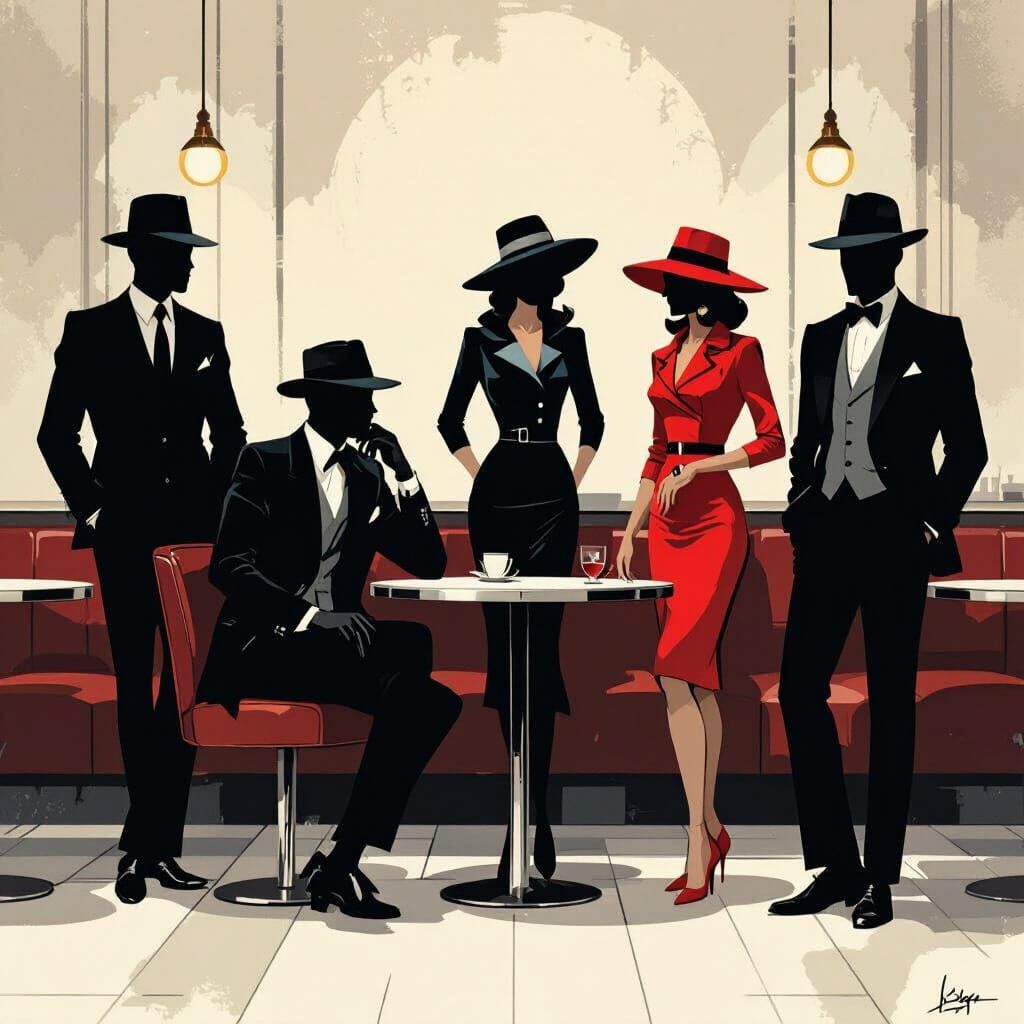 Retro 60s Cafe Silhouettes in Film Noir Style