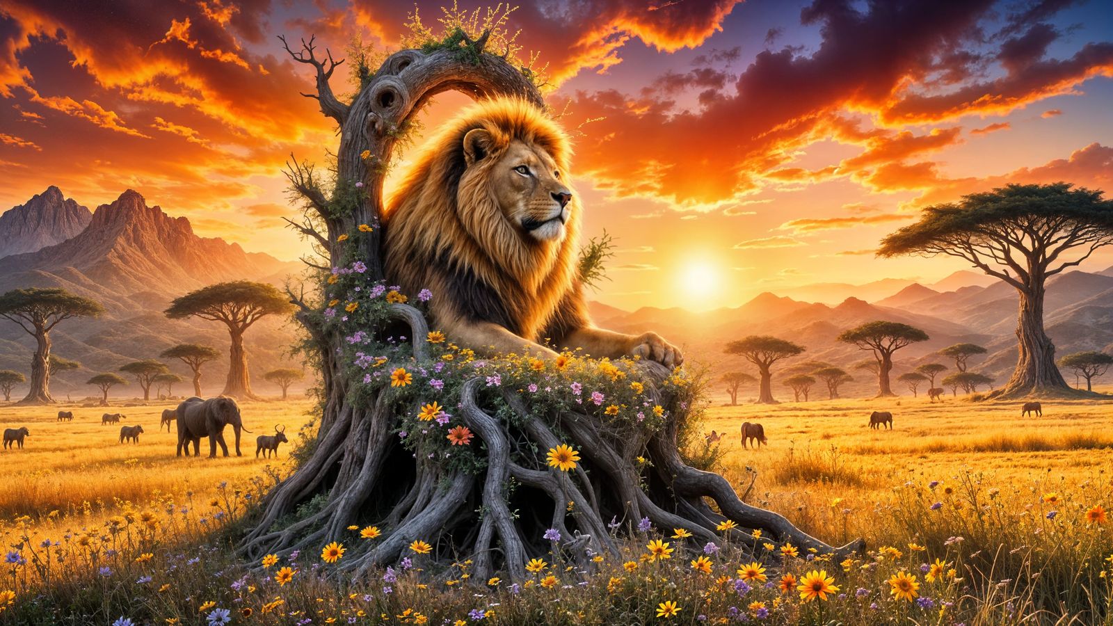 Lion King on Floral Throne at Sunset