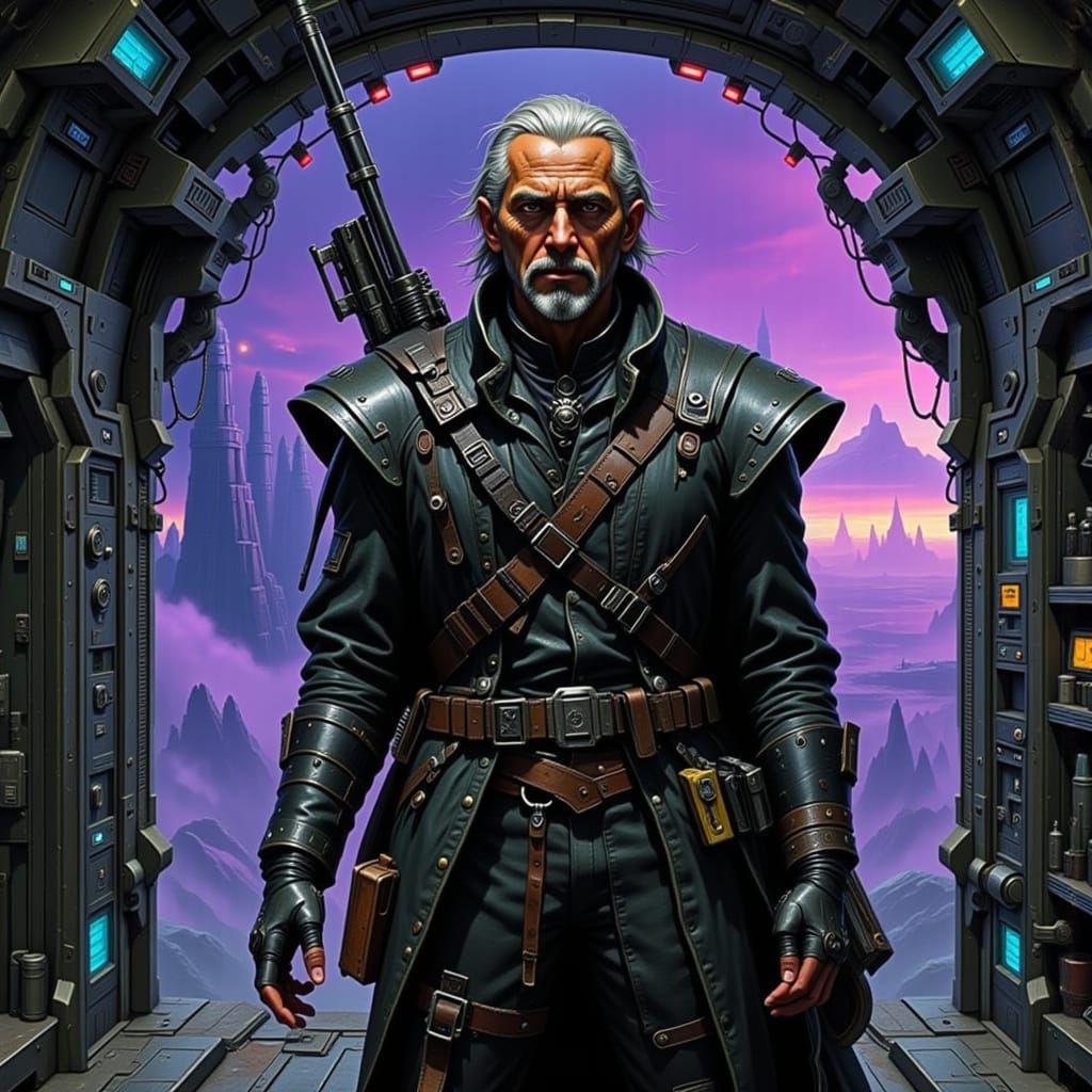 Cyberpunk Space Pirate Hero in Industrial Futurist Backdrop