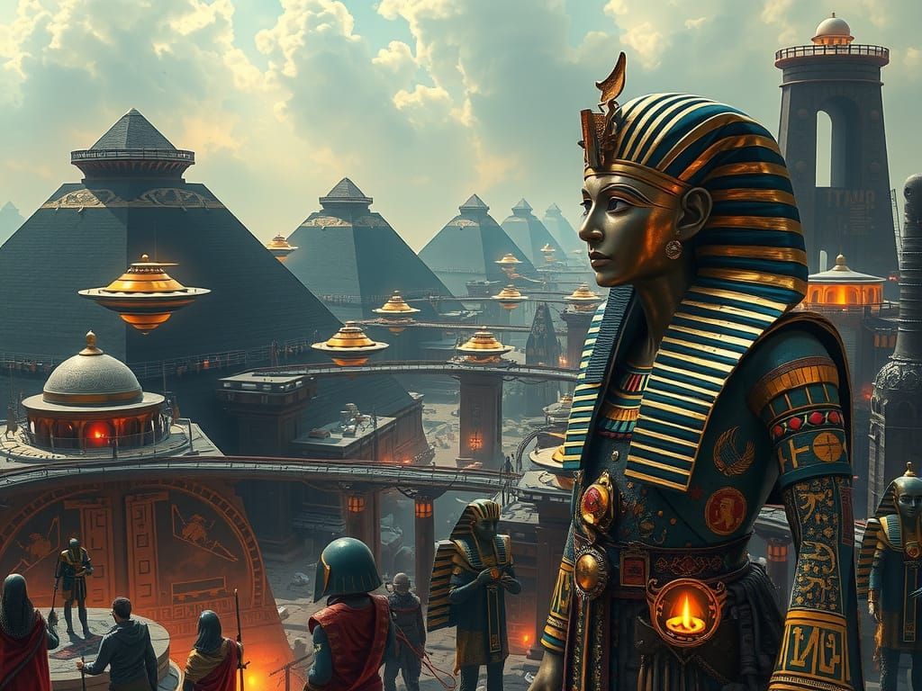 Pharaoh in Futuristic City, Oil Painting Style