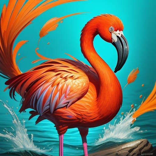Vibrant Flamingo in Dramatic Splash Art Style