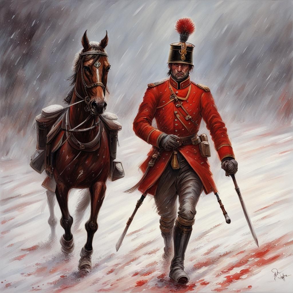 Injured Hungarian Hussar Walks Through Bloody Snow
