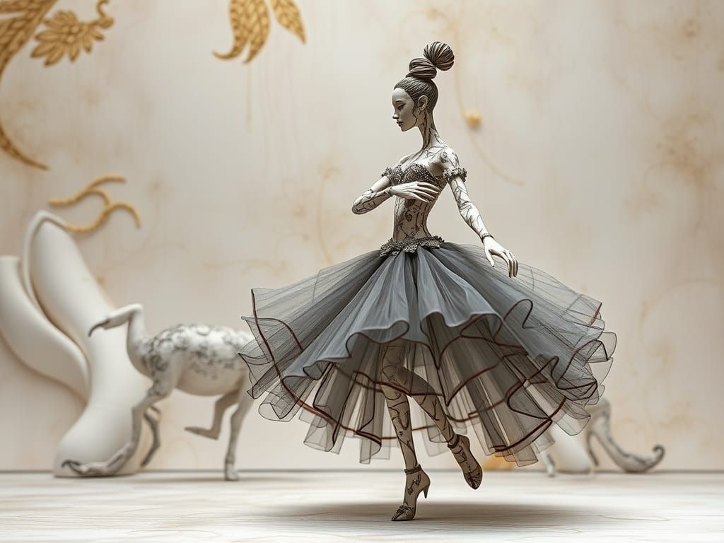 Jointed Ceramic Sgraffito Figures Caught Mid-Step