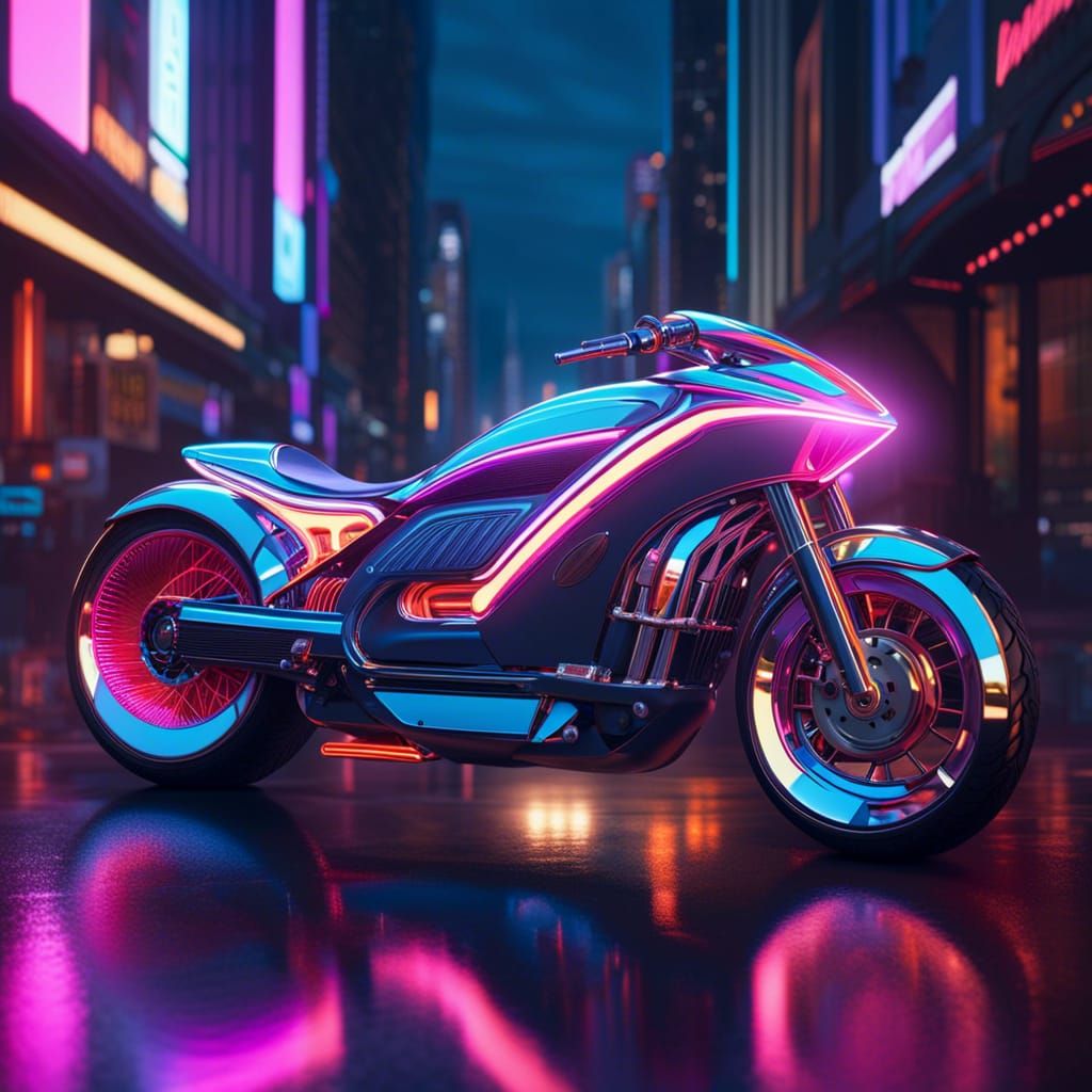 Futuristic Motorcycle in Neon Cityscape, 8k Render