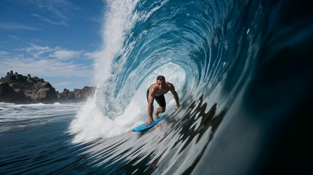Man Bodyboarding in a Perfect Dark Blue Water Barrel