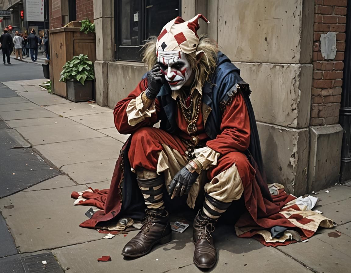 Homeless Jester in Cityscape, Gothic Realism