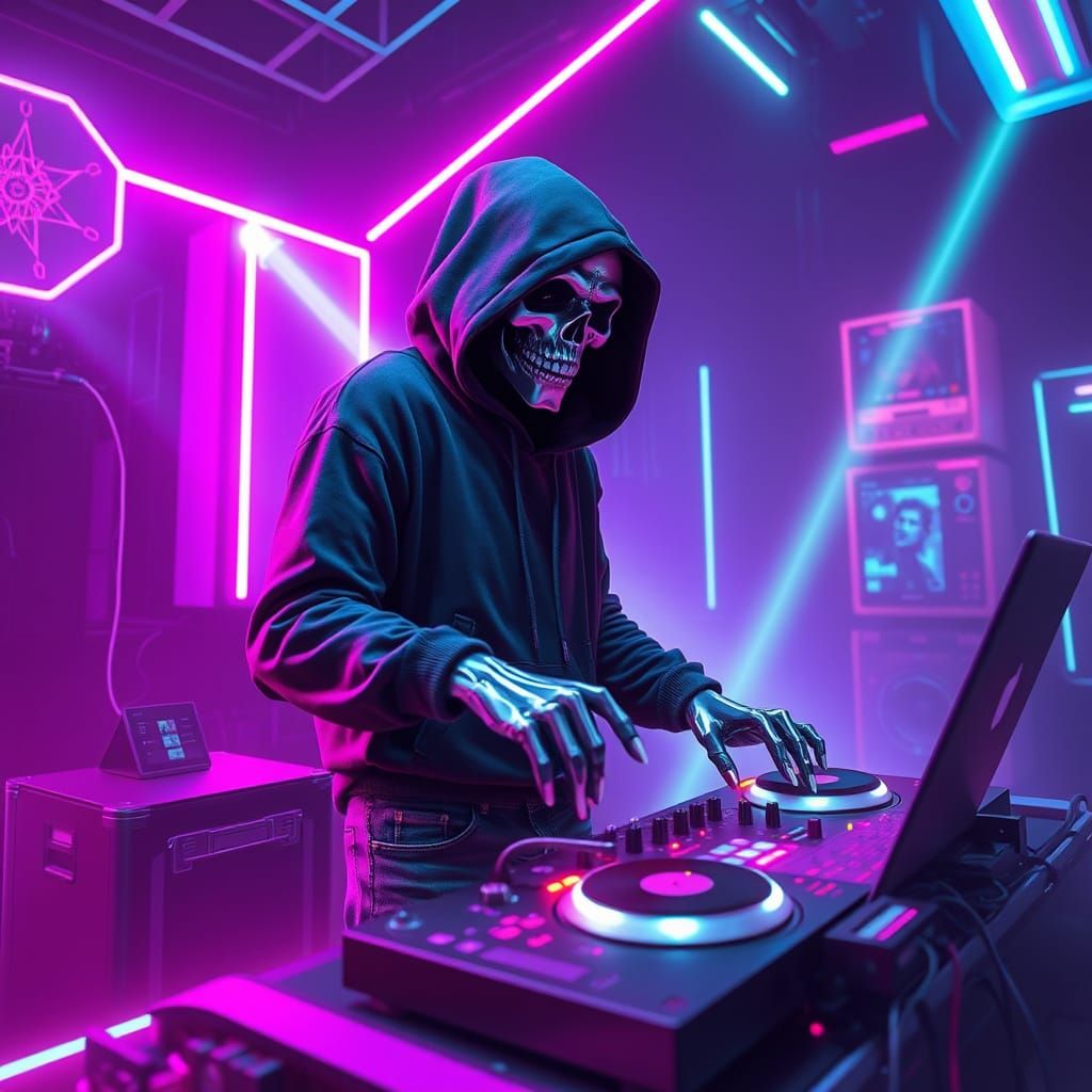 Grim Reaper DJ in Futuristic Neon Landscape