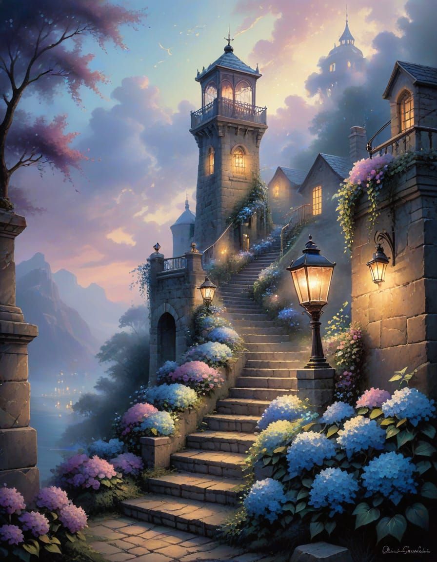 Ethereal Hydrangea Stairway to Lantern-Lit Tower