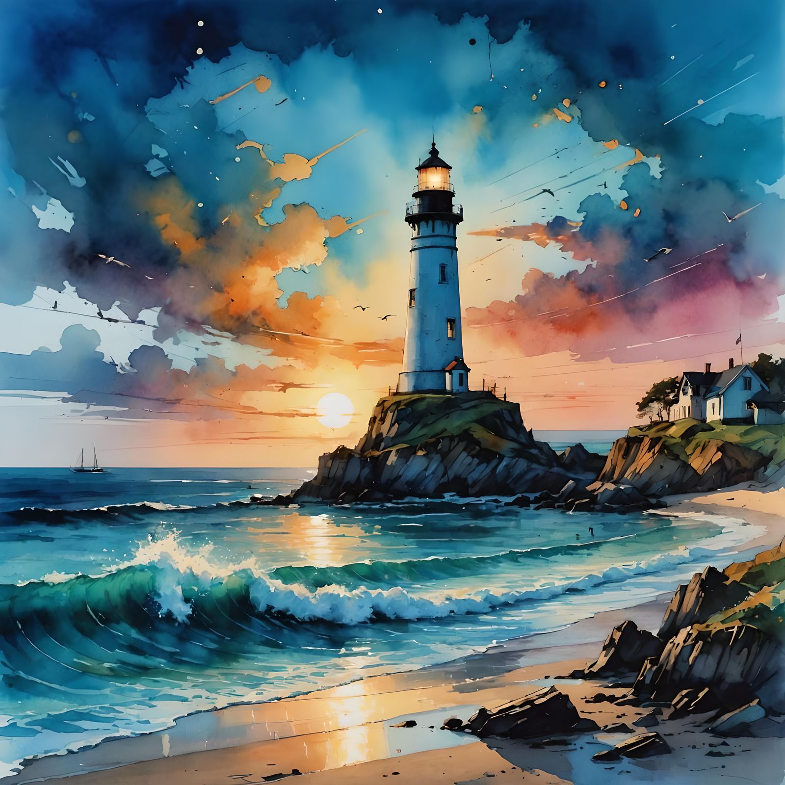 Beach Sunset Watercolor Illustration with Lighthouse